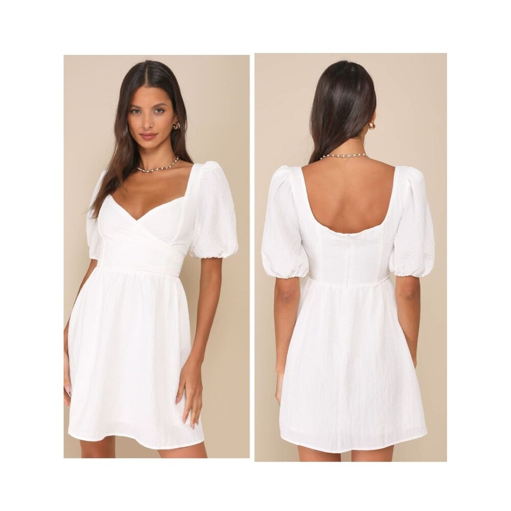 Lulus Little Bit In Love White Surplice Puff Sleeve Mini Dress Size Medium Beach